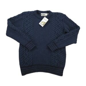 New Arancrafts Sweater Womens Medium Merino Wool Blue Crewneck Fisherman Donegal